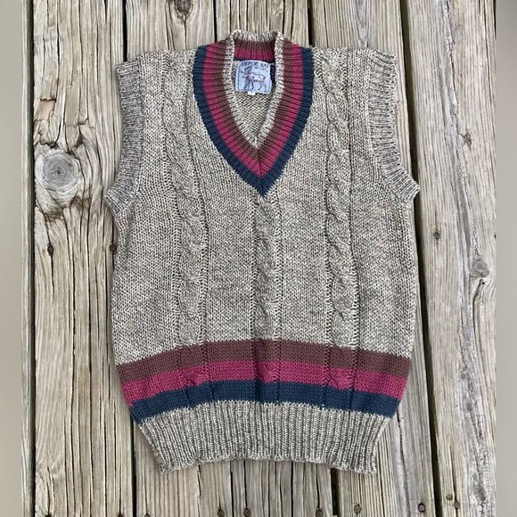 Vintage DEPOE BAY DRY GOODS Collegiate Stripe V Neck Pullover Sweater Vest S M - Picture 1 of 10
